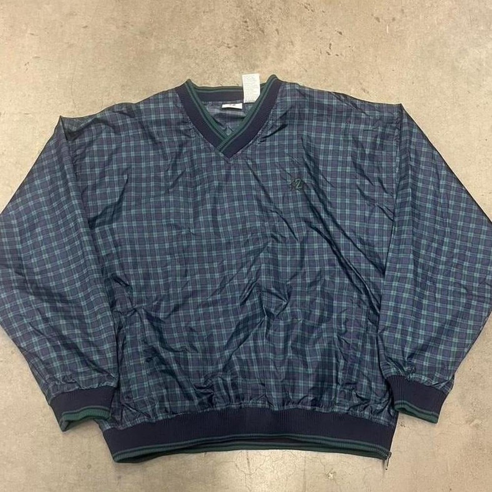 Vintage Jerzees Plaid Windbreaker Jacket Mens XL Green Blue Tartan V-Neck